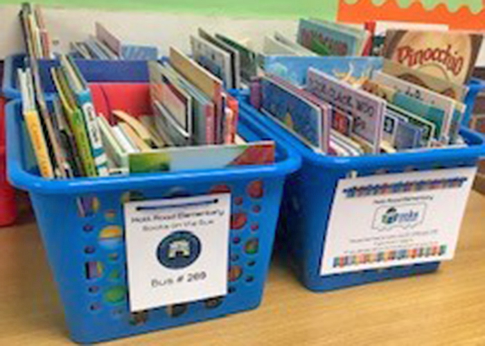 This is an image of a bin containing books