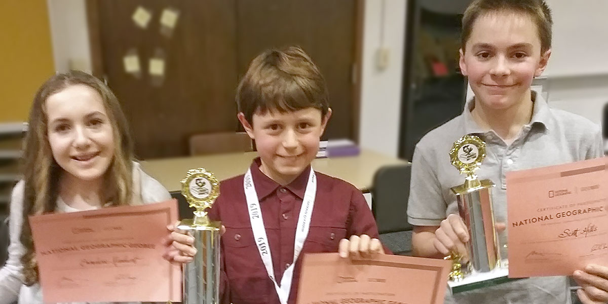 This is an image of the top three GeoBee students at Eagle Hill