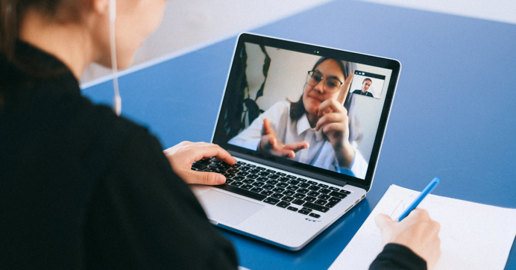 This is an image of an individual participating in a virtual meeting.