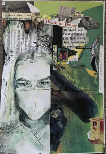 Collage with various items, such as newspaper clippings, person wearing a face mask.