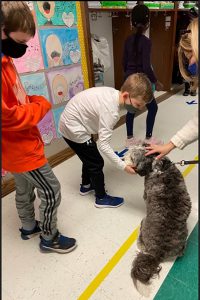 A boy and an adult pet Bowie the therapy dog as another student stands nearby.