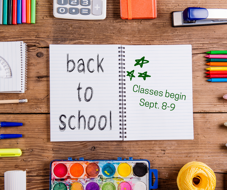 This is an image of a notebook and school supplies and some text