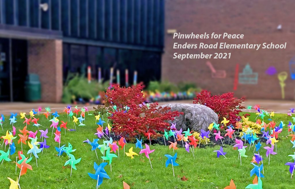 This is an image of Enders Road Elementary School's front lawn, which features dozens of pinwheels.