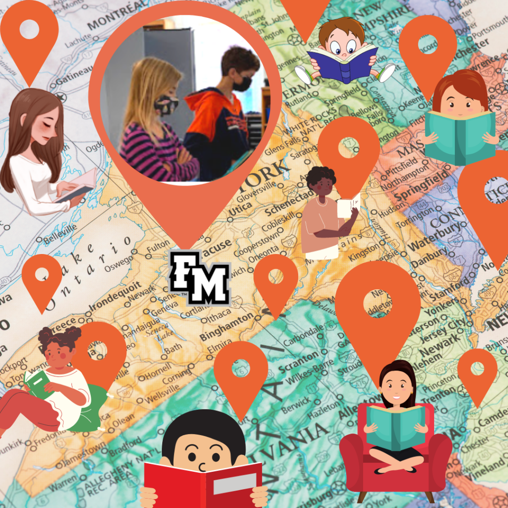 This is an image of two F-M students reading together and graphics of people reading, and a map