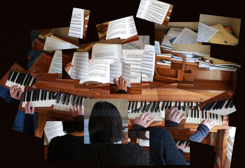A collage of images of music sheets, a piano and hands on the piano keys. 