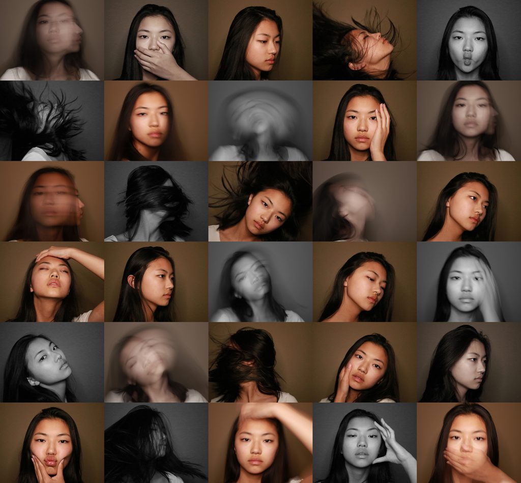 A collage of headshots of the same person making various expressions and turning their head in different directions.  