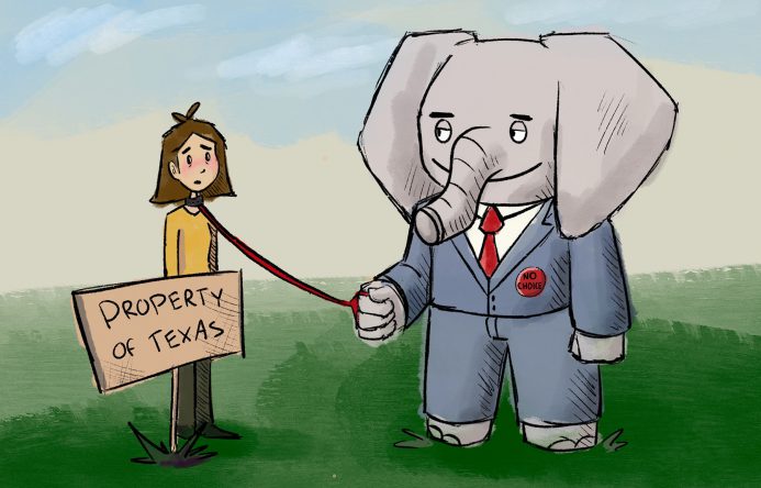 Cartoon of an elephant in a suit holding a leash that is around a woman's neck. There is a sign in front of the woman that says, "Property of Texas."