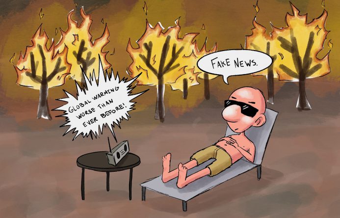 Cartoon of a man sunbathing while trees are on fire around him. A radio is saying "Global warming is worse than ever before." The man is saying, "Fake news."