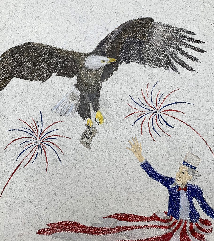 A colored drawing of an eagle, fireworks and Uncle Sam.