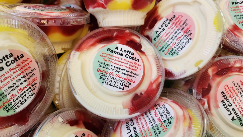 An aerial photo of a box full of the cups of winning ice cream flavor