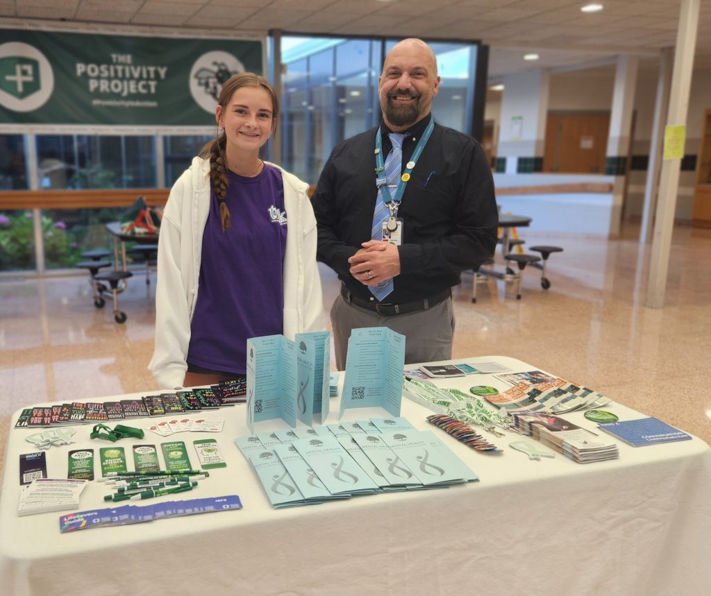 F-M senior Olivia Barnhart and Mental Health Educator Will DeSantis present mental health information during freshman parent night.