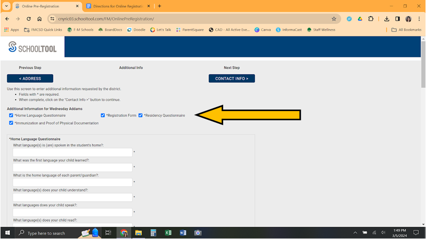 Image depicts a SchoolTool webpage showing the additional information checkboxes shown during the online registration process.