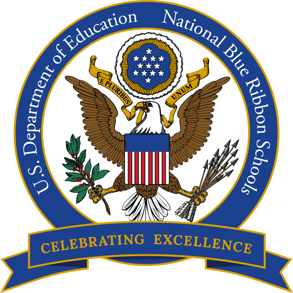 National Blue Ribbon School medallion reading US Dept pf Education National Blue Ribbon school and a sash that says "Indicating Excellence."
