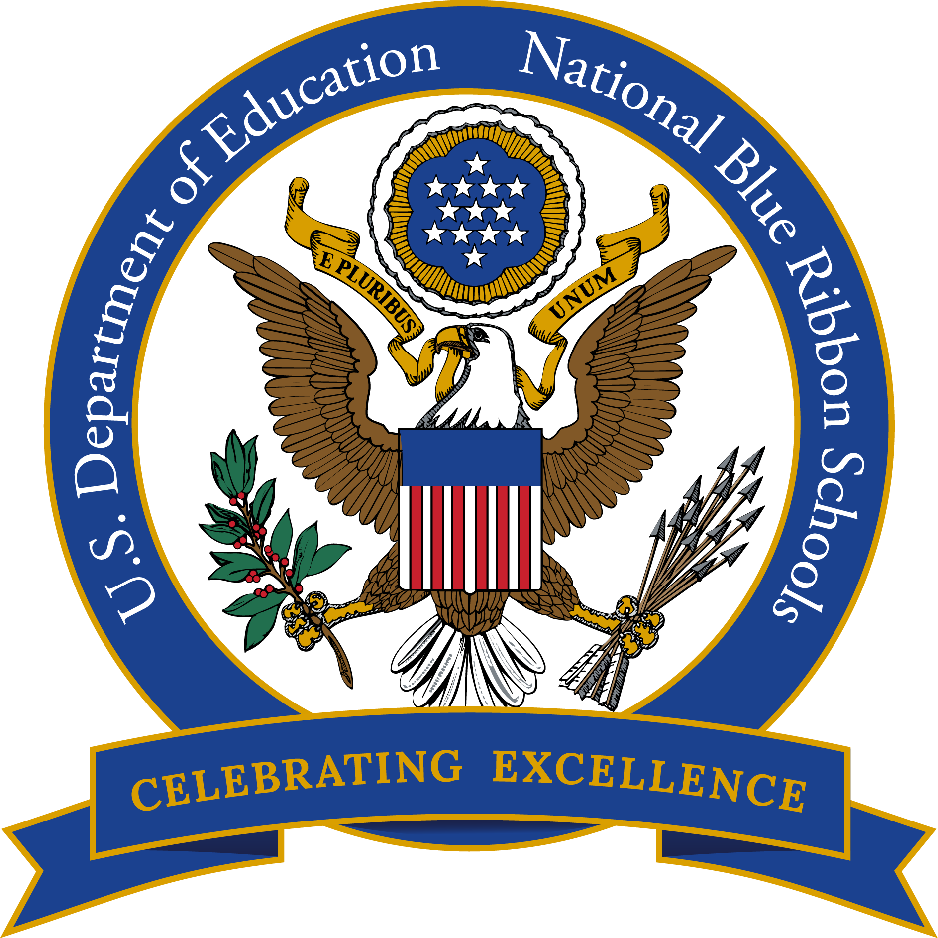 U.S. Dept. of Education National Blue Ribbon Schools medallion with an eagle and a bottom sash that says "Celebrating Excellence".