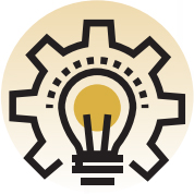 A lightbulb surrounded by gears.