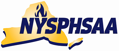 NYSPHSAA logo, the acronym with a torch overlaying the shape of NY state.