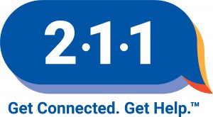 Logo for 211 services - the numbers 211 inside a word bubble with the phrase "Get Connected. Gelt Help".