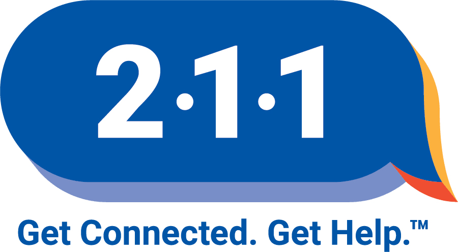 Logo for 211 services - the numbers 211 inside a word bubble with the phrase "Get Connected. Gelt Help".
