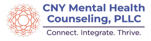 Logo for CNY Mental Health Counseling, PLLC, a lotus flower with the byline "Connect, integrate, thrive."