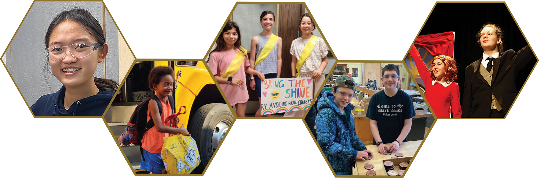 Five hexagonal shapes filled with students of varying ages in school, arriving from the bus and participating in varying communal activities.