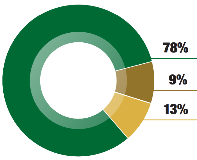 Pie chart implying post graduation plans of 78% 4 year colleges/universities, 9% 2 year colleges and 13% other/post-secondary/work/military.