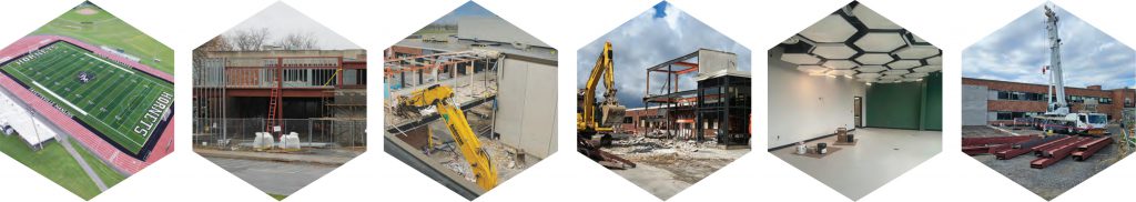 Six hexagons filled with high school construction and equipment scenes.