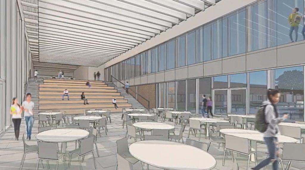 An artist rendering of an interior connecting corridor between two buildings.