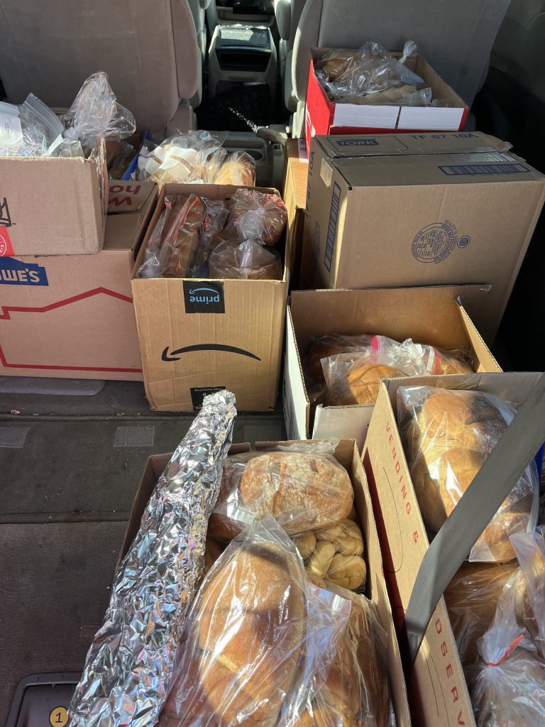 Freshly-baked bread in the back of a car.