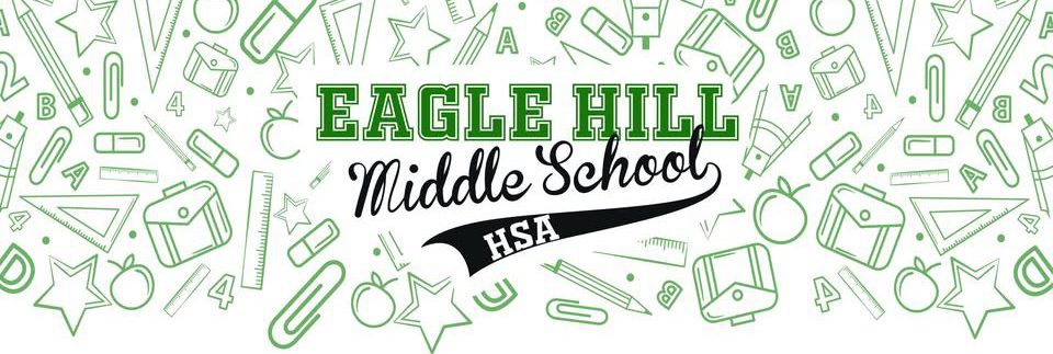 Logo for Eagle Hill HSA, collegiate lettering on a background of illustrated school supplies.