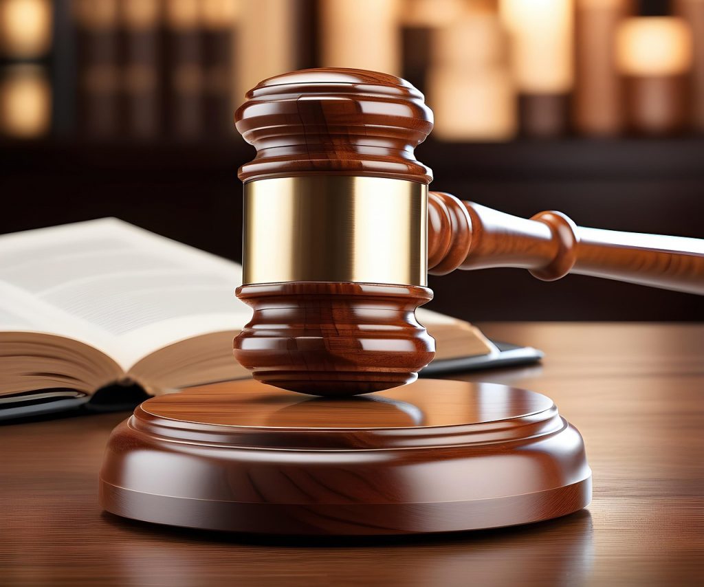 Closeup of a brass lined gavel resting in front of an open book.