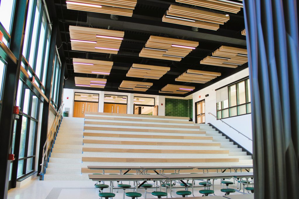 grand staircase and seating in the new cafeteria