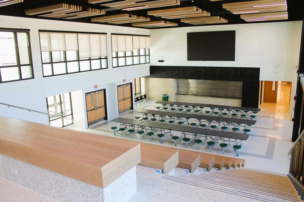 view from the top of the grand staircase and seating in the new cafeteria