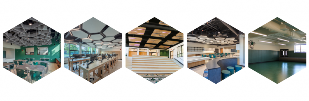 5 hexagon frames showcasing new student spaces such as classrooms, the cafeteria and gym