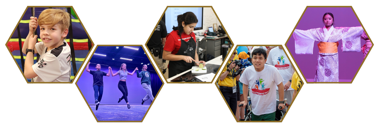 Five hexagonal shapes filled with students of varying ages in school, dancing and participating in varying communal activities.