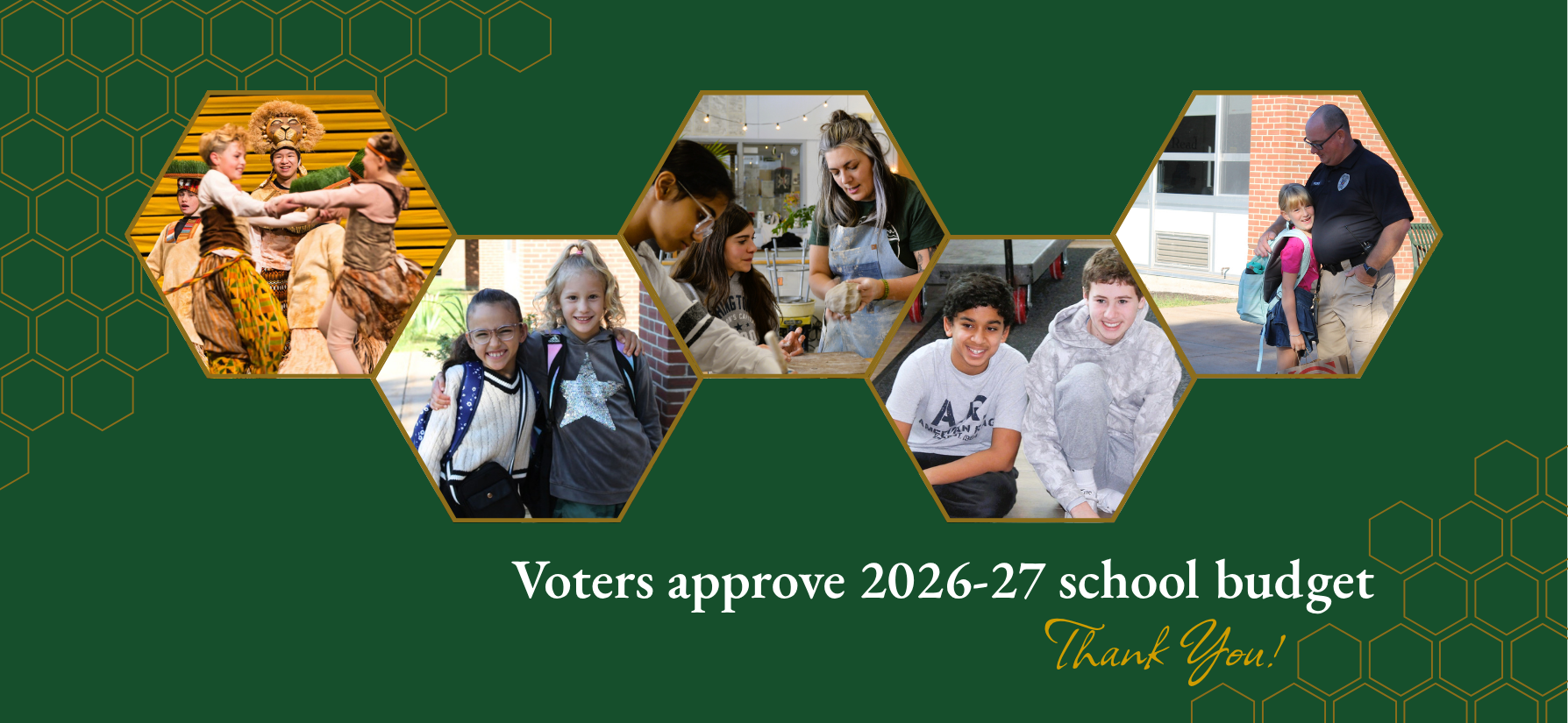 Green background with gold hexagon pattern. Hexagon frames hold images of students and staff. Text reads: Voters approve 2026-27 budget, thank you!