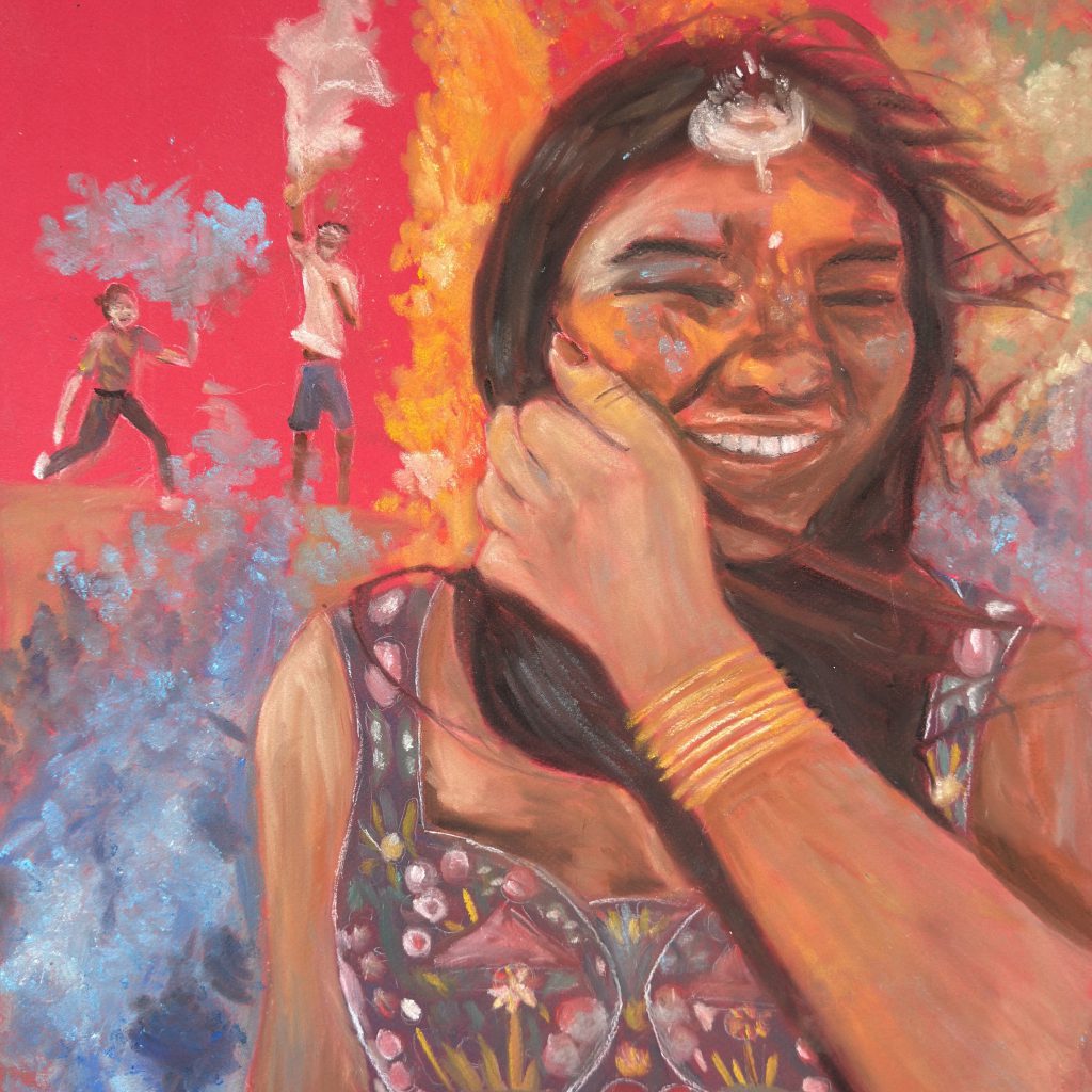 Student artwok featuring a girl with her left hand across her chest, toward her face, brushing her long dark hair awy from her face