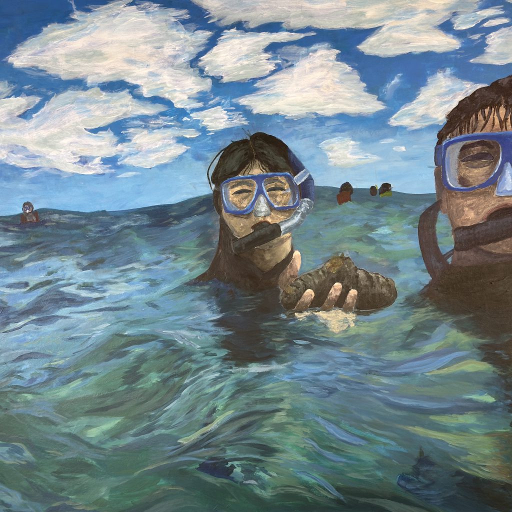 Student artwork of people from the neck up in a boy of water wearing swim goggles