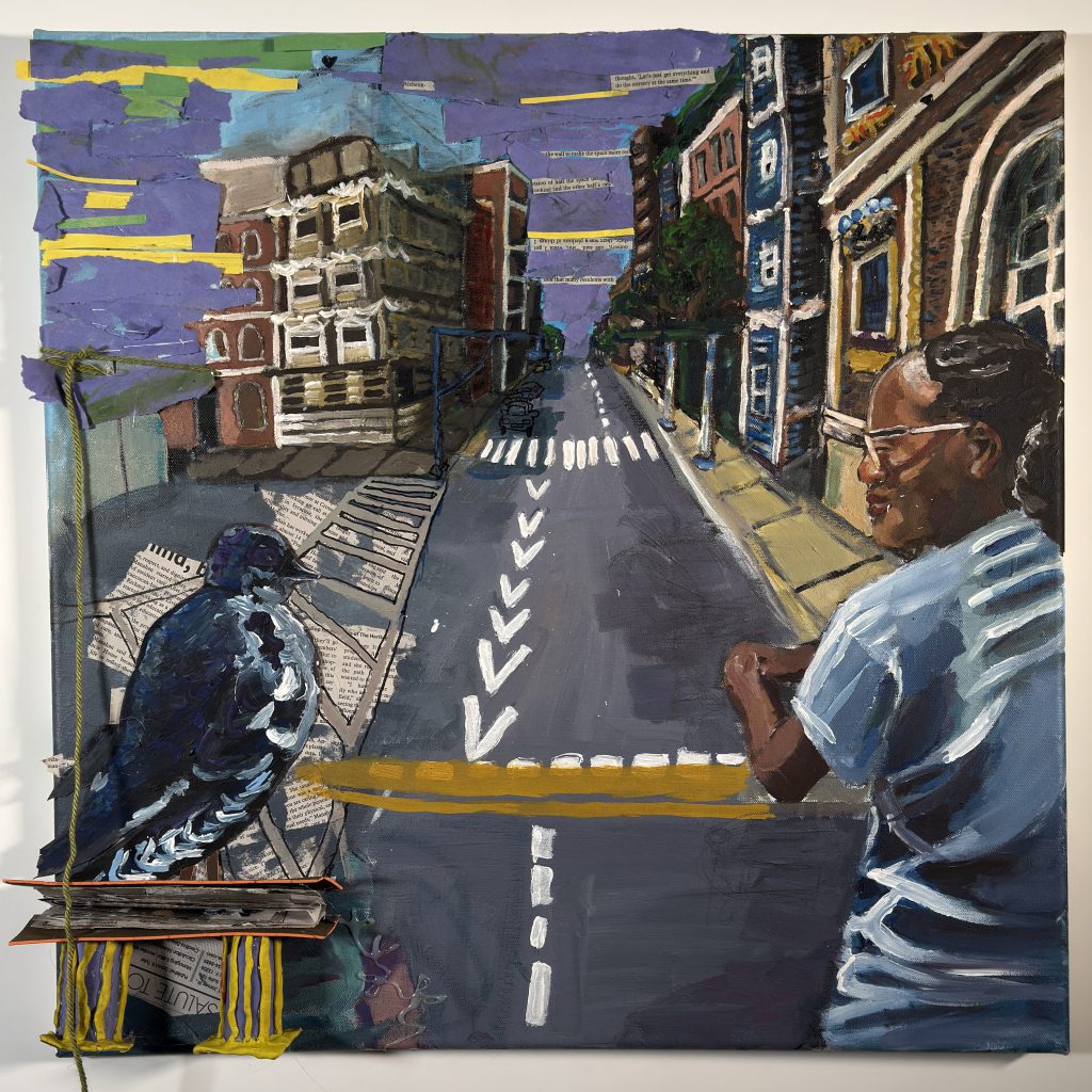 Student artwork showing a streetscape from the viewpoint behind a person and a large bird